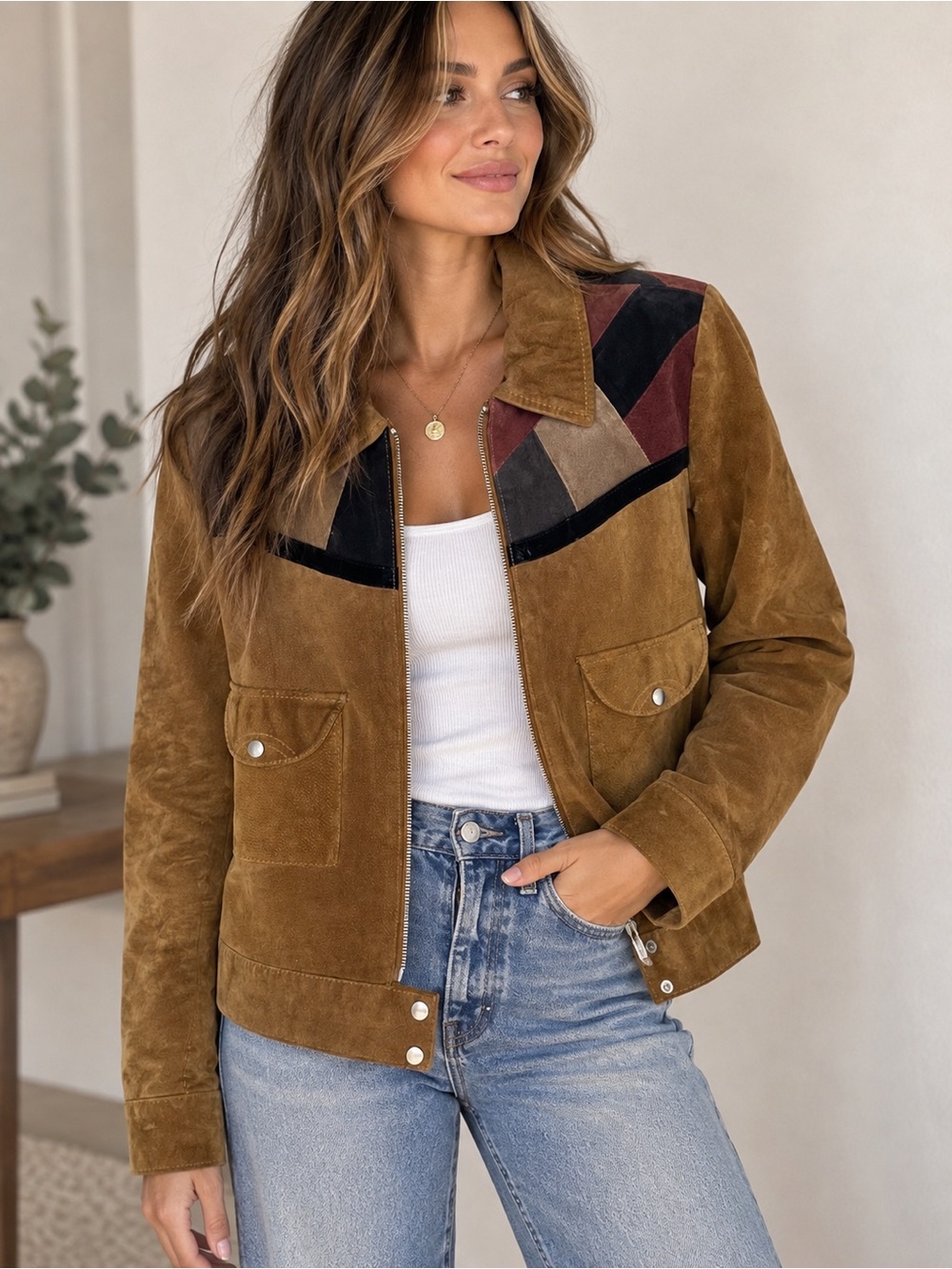 Mango MNG Genuine Leather Suede Patchwork Jacket Size Small